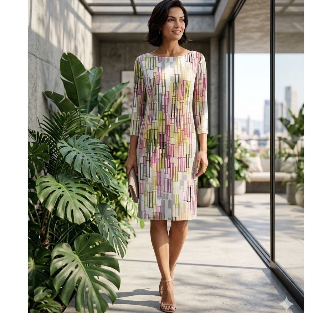 London Times Multi-Color Geometric Abstract Print Sheath Dress Size 10 Preppy